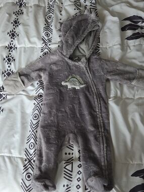 3 For $20 Baby One-Piece Hooded Footed One Piece in Gray with Dinosaurs 0/3month